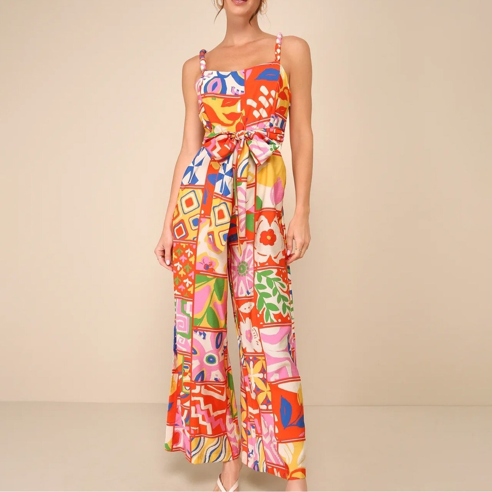 Lulus NEW Bold Extravagance Patchwork Print Wide-Leg Jumpsuit Womens S